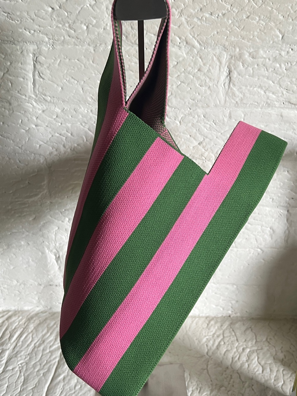 Green & Pink Striped Knit Tote Bag